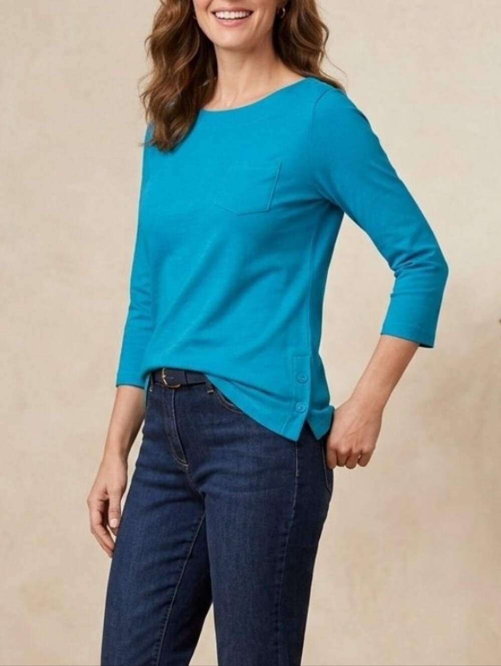 NWT Talbots Boat Neck Top Pocket Button Detail Teal Cotton Shirt